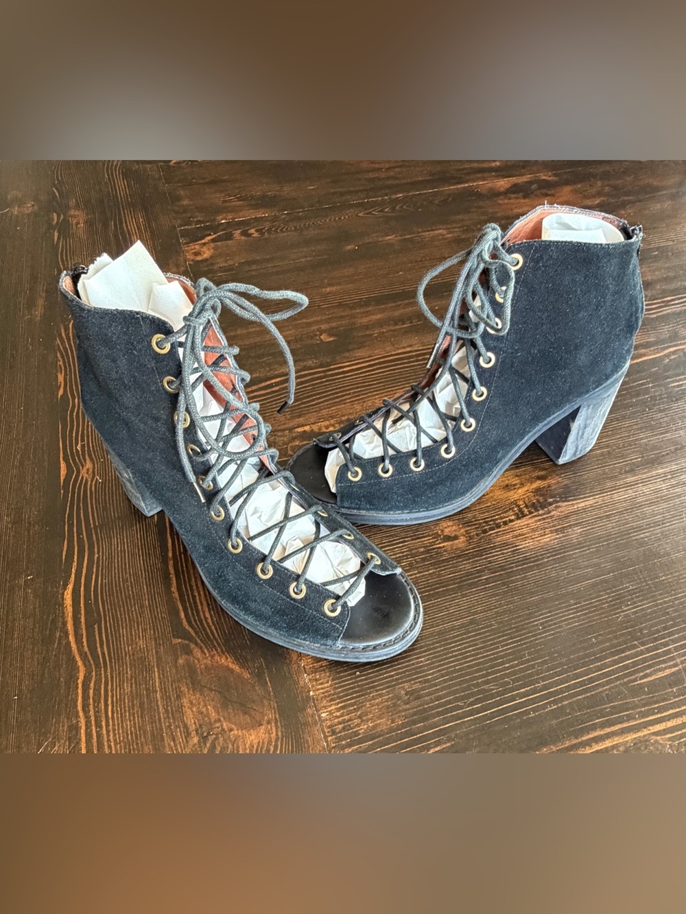 Jeffrey Campbell Cors Black Suede Lace Up Peep Toe Booties